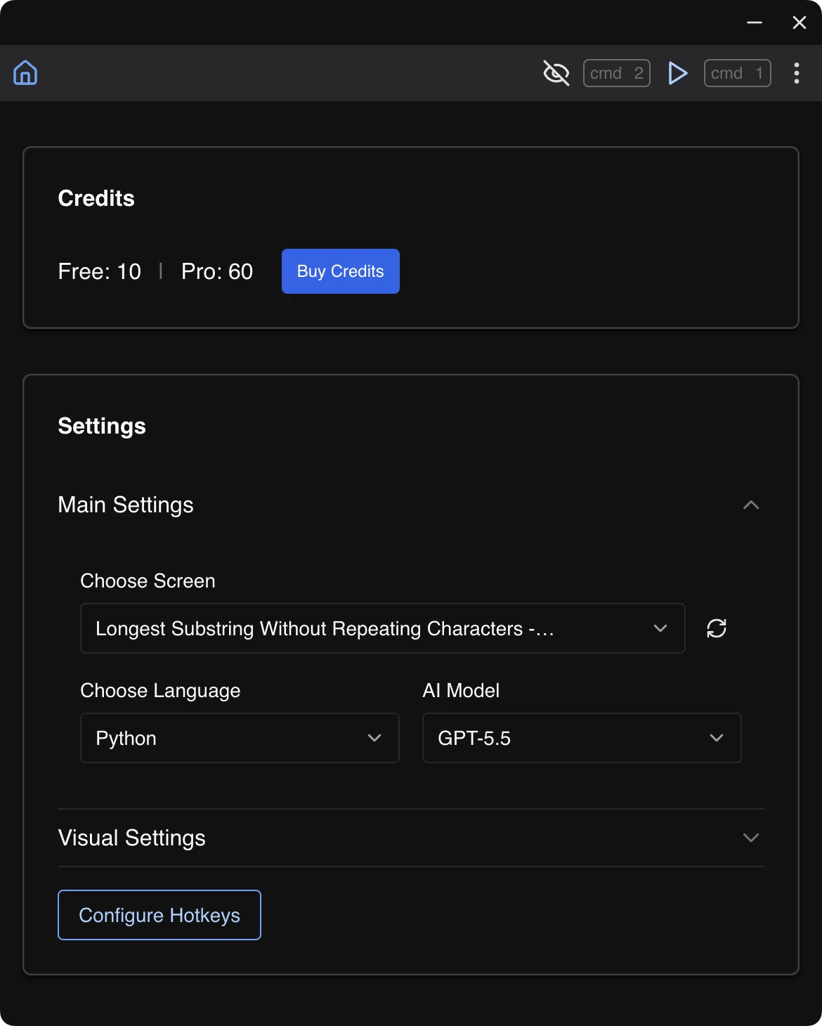 Home screen with a source, programming language, and AI model selected